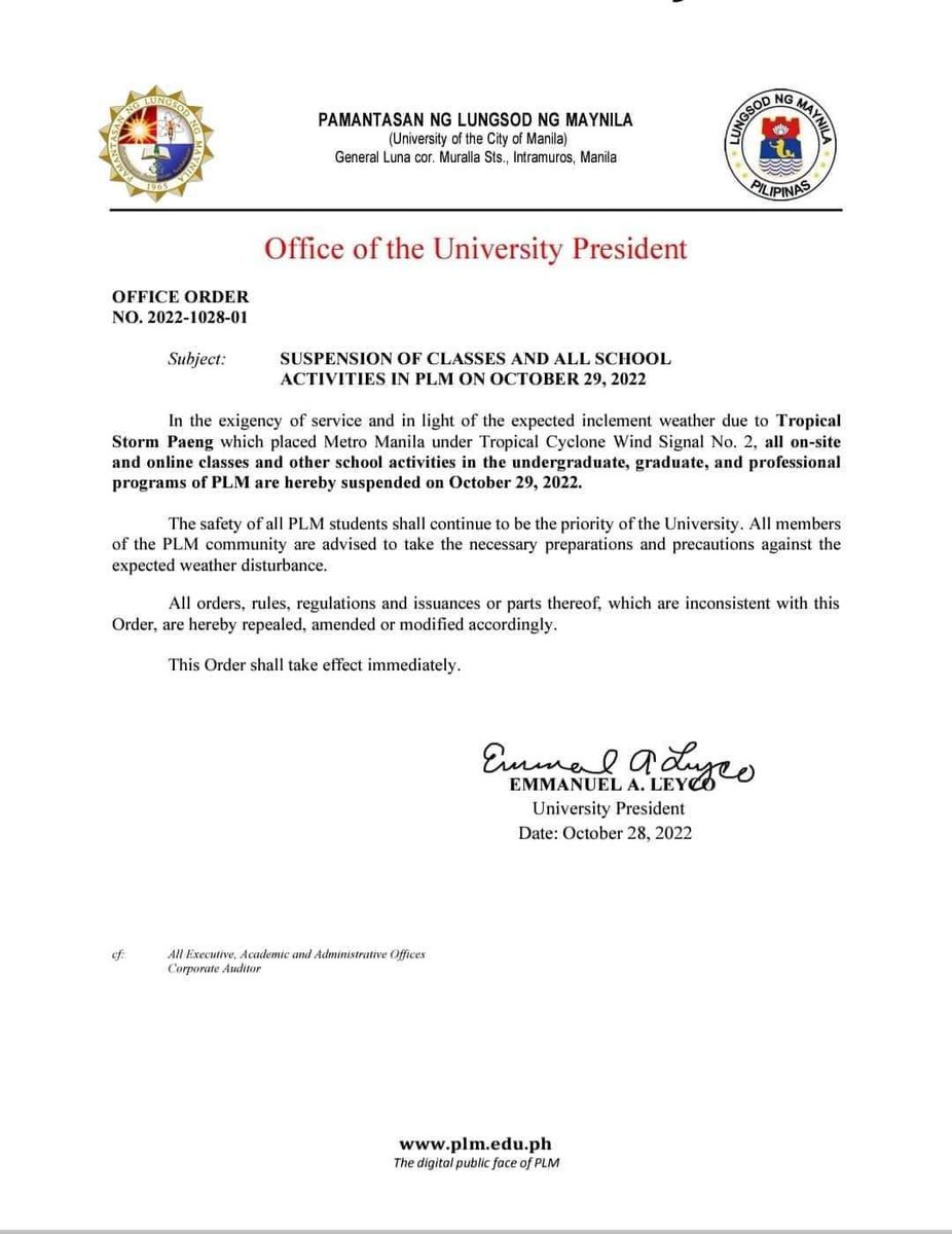 PLMCPTSC's tweet photo. With the expected weather brought my Tropical Storm Paeng, all onsite and online classes, and other school activities are suspended tomorrow, October 29, 2022 

Please be guided.

Source: Office of the University President 

#CPTBeyondBarriers
#EvidenceInExcellence https://t.co/bqqezUwb3J