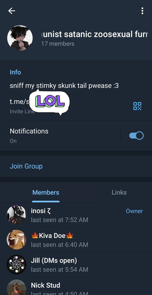 That_Demon_Goat's tweet photo. New Zo*ph*le telegram chat. Here's the members list aka a free blocklist.

(Deleted old version so I can censor the invite link) https://t.co/xefEKmTY2x