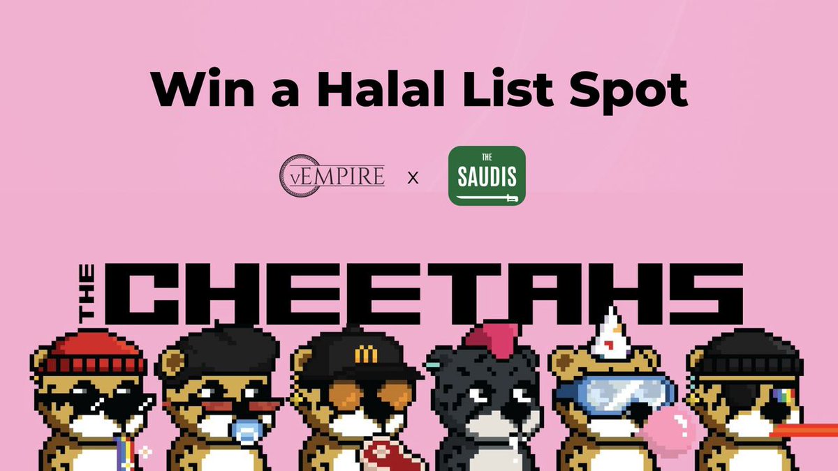 The Kingdom has blessed us with 20 WL spots for their <a href="/TheCheetahNFT/">The Cheetahs</a> mint this Sunday 🙏🏼

To earn a spot: 
- Like, rt and tag 3 pals 
- Follow us, <a href="/TheSaudisNFT/">The Saudis 🇸🇦</a> and <a href="/TheCheetahNFT/">The Cheetahs</a> 
- Buy &amp; Stake VEMP
- Follow the steps in this link:

go.v-empire.io/3sCXjbg