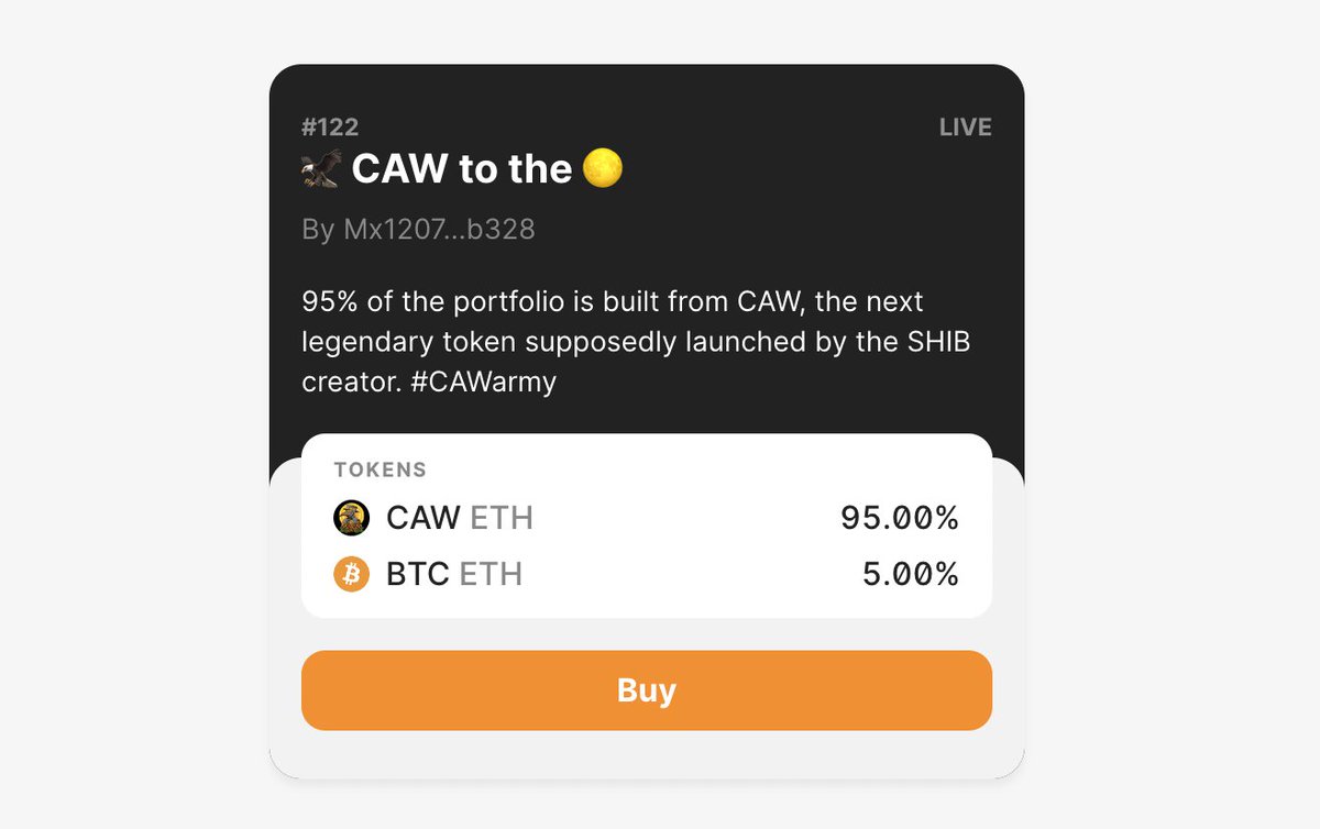 $CAW to the 🌕 is a name of a crypto portfolio participating in our trading tournament (anyone can join, by the way - honee.app/portfolio-batt…).

Wish the #CAW portfolio luck &amp; the moon in the battle! (95% made from CAW, 5% from $BTC)
#CawArmy #Cawmmunity #CawToken