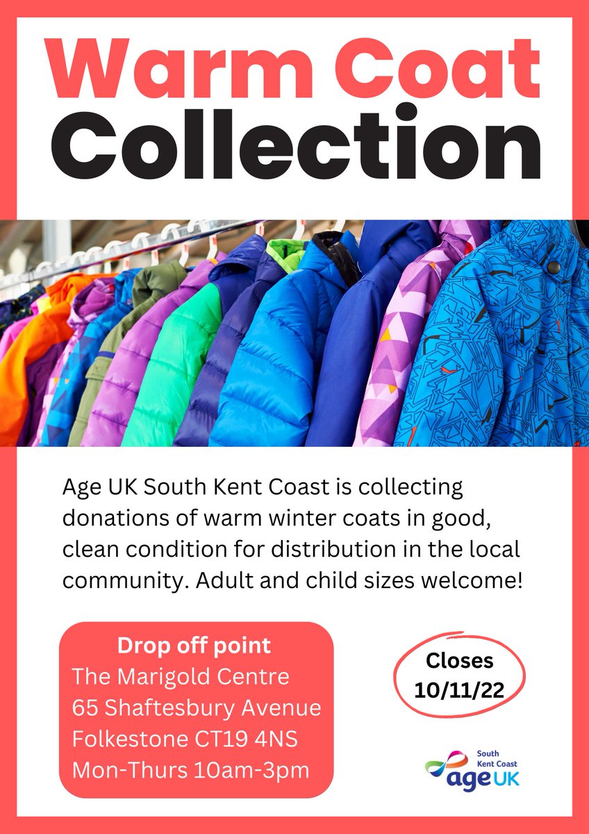 Folkestone & Hythe District Council (@fstonehythedc) on Twitter photo Have a spare warm coat you no longer need?
<a href="/ageukskc/">Age UK South Kent Coast</a> is currently collecting donations at their base in Shaftesbury Avenue in Folkestone.
You can come by weekdays between Monday and Thursday, 10am to 3pm if you would like to donate to a good cause. Have a spare warm coat you no longer need?
<a href="/ageukskc/">Age UK South Kent Coast</a> is currently collecting donations at their base in Shaftesbury Avenue in Folkestone.
You can come by weekdays between Monday and Thursday, 10am to 3pm if you would like to donate to a good cause.