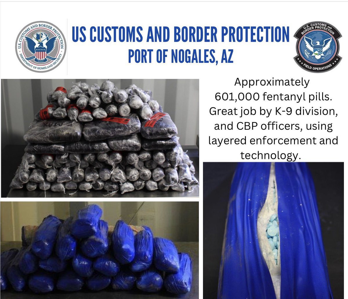 AZ: 601,000 #fentanyl pills seized in 2 busts within 35 mins by CBP Officers at Nogales POE. <a href="/CBPPortDirNOG/">Sr. Official Performing Duties of Area PD J. Acuna</a> says, 1st load= 488,600 pills in rear panels/wheel well of car. 2nd load= 112,400 pills in quarter panels of car. Total pills at that POE since Aug 1st = at least 8,100,565