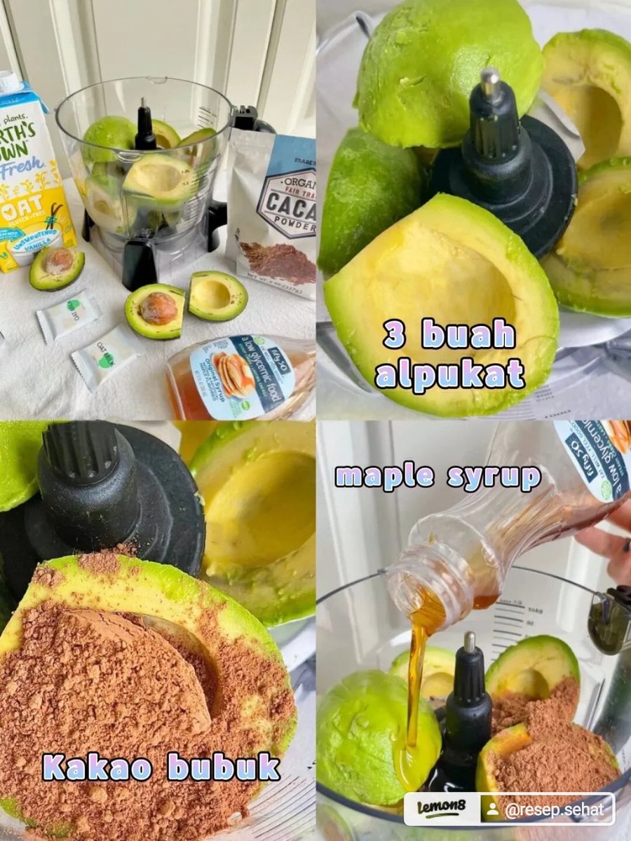 resepsehat_'s tweet photo. 1️⃣3 alpukat 🥑
2️⃣30g bubuk kakao🍫
3️⃣50g sirup maple 🍎
4️⃣50ml susu oat 🥛
 
Aduk rata dan selesai😍✨😎
 
bebas gluten bebas lemak hewani😎✨
Ayo coba di rumah😍✨
 
#fatrecipeshare  #Rendahgula  #Tutorialdessert  #Desserttanpagula  #Tutorialmakananpenutup https://t.co/rc9K0QI0Z3