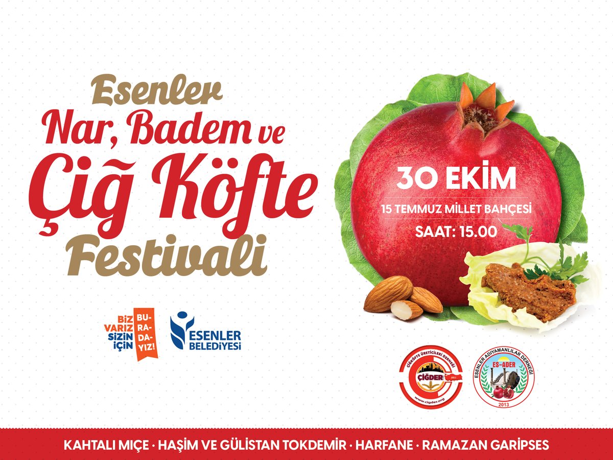 Hem damaklarınızı şenlendirecek hem de kulaklarınızın pasını silecek harika bir festivalle karşınızdayız! 'Nar, Badem ve Çiğ Köfte Festivali'miz, 30 Ekim Pazar günü saat 15.00'te 15 Temmuz Millet Bahçesi'nde! Tüm komşularımız davetlidir.