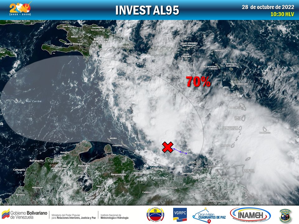 INAMEH's tweet photo. #28oct #INAMEHInforma Área en investigación AL95 asociada a una baja presión con su centro ubicado en el Caribe venezolano a 189 km al nor-noreste de Caracas

Continúa... https://t.co/ilqhPugK8N