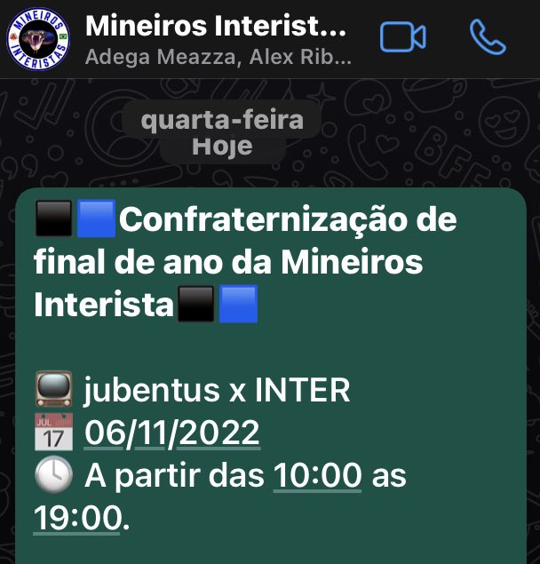 mineirosinter's tweet photo. Alô parceiros, seguidores e todo o Brasil 🇧🇷. Nossa confraternização de final de ano tem data e local marcado. É contra elas ainda. Entre em contato via DM ou pelo ZAP 31-982041591 para confirmar presença. Teremos um espaço virtual para interagir com que n puder vir. #FORZAINTER https://t.co/kdzNSQlcR5