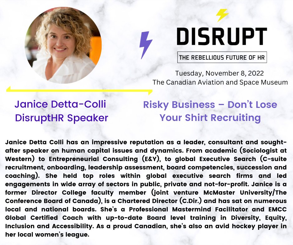 DisruptHROttawa's tweet photo. #MeettheDisruptors - We're thrilled to welcome @boardflightpath as a Speaker to our evening at @DisruptHROttawa ! We look forward to hearing Janice speak on her topic, "Risky Business -- Don't Lose Your Shirt Recruiting" !
Get your tickets NOW: https://t.co/cU7TTdUo3S

#disrupthr https://t.co/h3SZFp48bV
