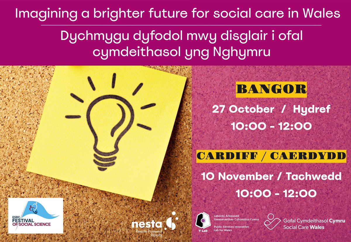 YLabCymru's tweet photo. (2/2)

Ymunwch â ni i rannu, cysylltu ac archwilio 10 gweledigaeth ar gyfer dyfodol gofal cymdeithasol. Daeth y gweledigaethau o ymchwil ar y cyd â 
@GofCymdeithasol + @ppresults.

@CUSocSci @iamcardiffuni @BangorUni
@ESRC #ESRCFestival
@SocialCareWales @lisatrigg 
@YmchwilCymru https://t.co/ceVtc40akk