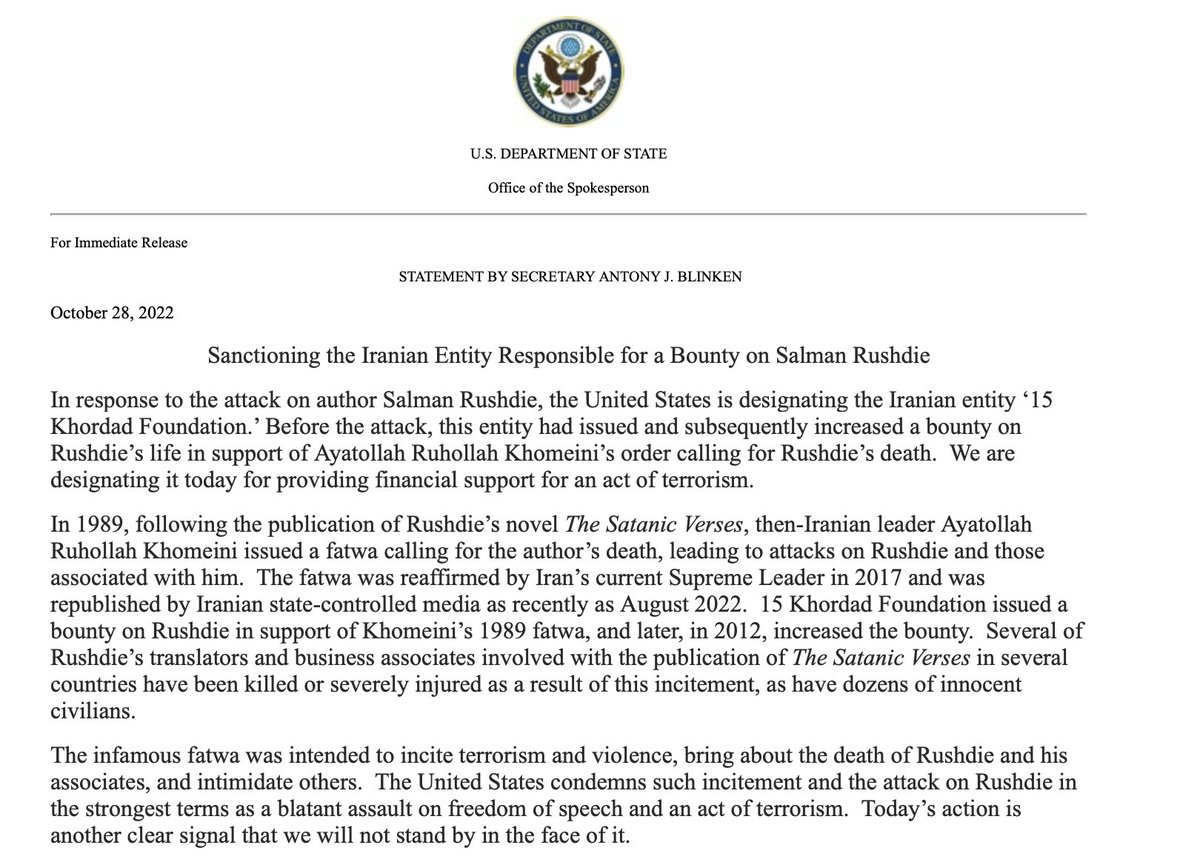 Blinken says the US condemns Rushdie attack as an act of terrorism. 'Today’s action is another clear signal that we will not stand by in the face of it.'