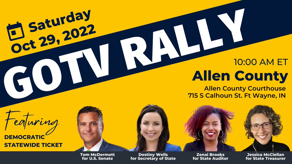 gomcdermott's tweet photo. Join statewide candidates tomorrow Oct 29 to #GTOV. Rally voters and make it clear that #INDems are here to WIN. 
 ⬇⬇⬇
10 am Allen Co. 
https://t.co/Bq4UgsoyzY
3 pm at La Porte Co.
https://t.co/yC1F7XiMGD
5 pm St. Joseph Co.
https://t.co/Ukr1OQSSQU

#INSEN #Vote #ElectionDay https://t.co/BmroVtMxD0