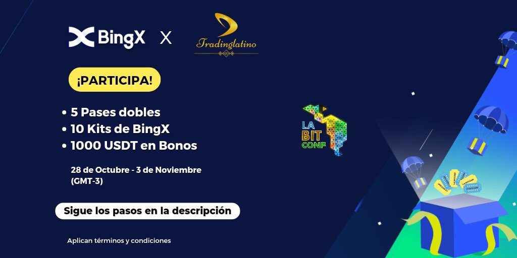 🏆SORTEO💥5 Pases dobles para LaBitConf en 🇦🇷+ 10 Kits de #BingX 💥50 Bonos de Trading de 20 USDT 🔴Participa:
✅Crea cuenta en BingX: bit.ly/3ury2lW
✅Retweet y etiquetar a un amigo
✅Seguir a @tradinglatino y @bingxlatino
✅Llenar el formulario: bit.ly/3fjSGQn