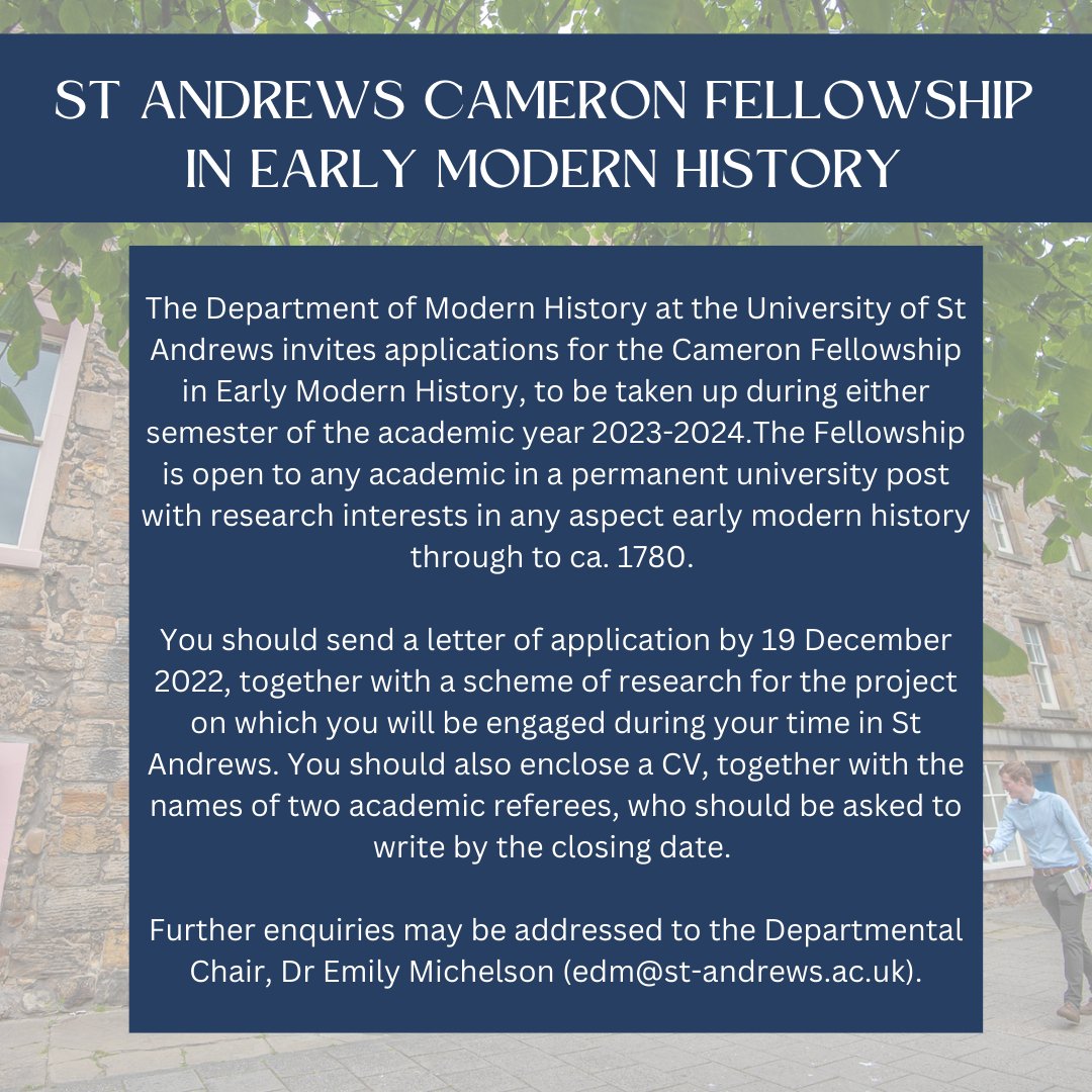 EARLY MODERN HISTORY!! VISITING FACULTY FELLOWSHIP!! @StAndrewsHist !! We are great to spend a semester with. Please apply, and share widely!!