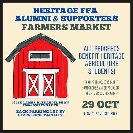 HHSMountaineers's tweet photo. Our second Farmer’s Market of the season will be on campus this Saturday (10/29). The market is sponsored by our Heritage FFA Alumni &amp; Supporters group.  Join us in the back parking lot from 9 AM to 2 PM. 
#HeritageFFA #HeritageCTE https://t.co/MqRspoOm0s