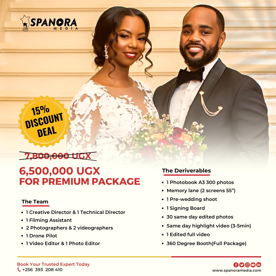 SpanoraMedia's tweet photo. With our discounted rates for weddings in January and February, you can now fulfill your dreams of having the perfect wedding memories with us.
Book us now at +256 393 208 410.
#premiumwedding #weddingcoverage #wedding #discounts #spanoramedia https://t.co/LJaAqJPDlS
