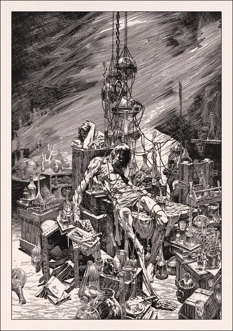 Wrightson
My favorite of his Frankenstein illustrations though it does not appear in the book. I believe I read somewhere that he felt it showed too much about the creation process of the creature. Well, maybe, but Victor's pose is fantastic. 