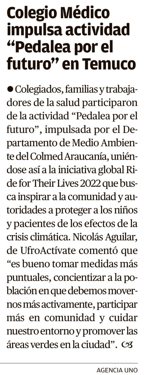 [Prensa #DiarioAustral] Colegio Médico impulsa actividad #Pedaleaporelfuturo en Temuco 💪🏻🌿🚴🏻Colegiados, familias y trabajadores de la salud participaron de la actividad “Pedalea por el futuro”, impulsada por el Departamento de Medio Ambiente del #ColmedAraucanía.