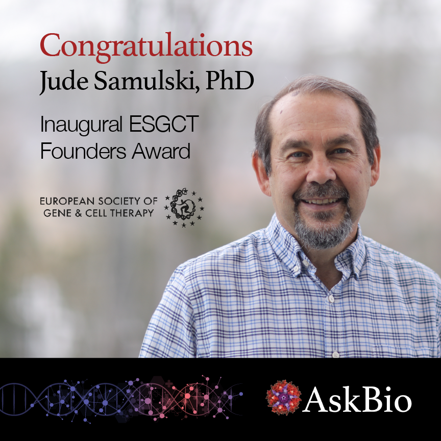 Congratulations to #AskBio Co-Founder Dr. Jude Samulski on receiving the inaugural <a href="/ESGCT/">ESGCT</a> Founders Award. It was 40 years ago in 1982 when Dr. Samulski first cloned an AAV plasmid, considered the catalyst that launched the field of #AAVgenetherapy. prnewswire.com/news-releases/…