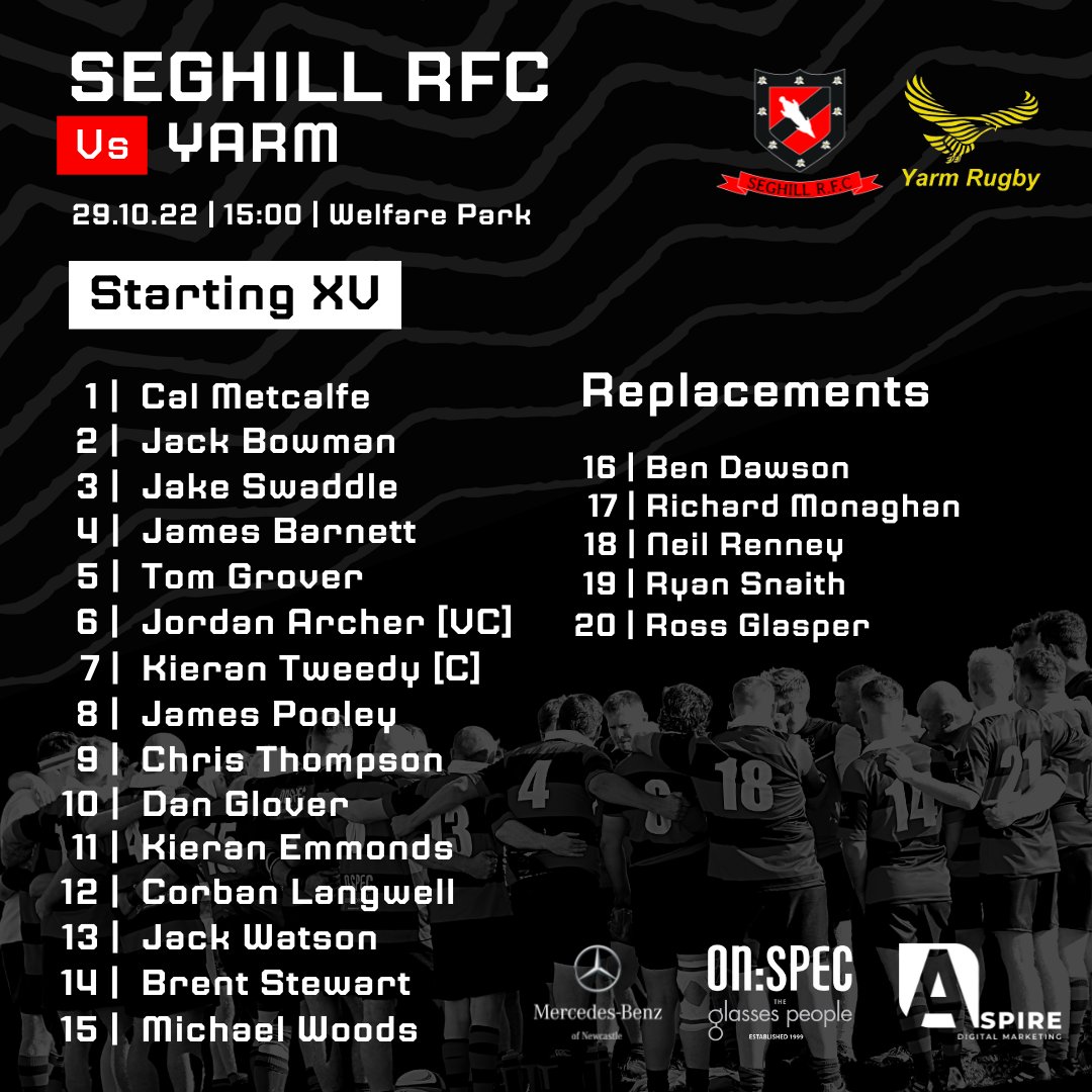 TEAM NEWS | Here's how the Hill lineup in tomorrow's clash against Yarm. 

It's the last 3pm kick-off of the year, come along and cheer the boys on. 

#UpTheHill #Seghill #NothumberlandRugby #NorthEastRugby #SeatonValley