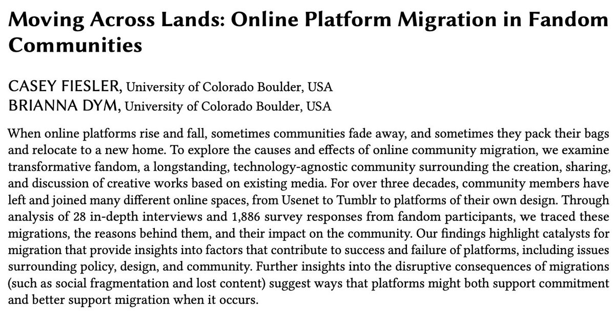 Two years ago we published a paper about online community migration, and I think the findings and recommendations are relevant to what I'm seeing right now on Twitter. Especially the barriers and challenges to relocating (and maybe some solutions). 🧵cmci.colorado.edu/~cafi5706/CSCW…