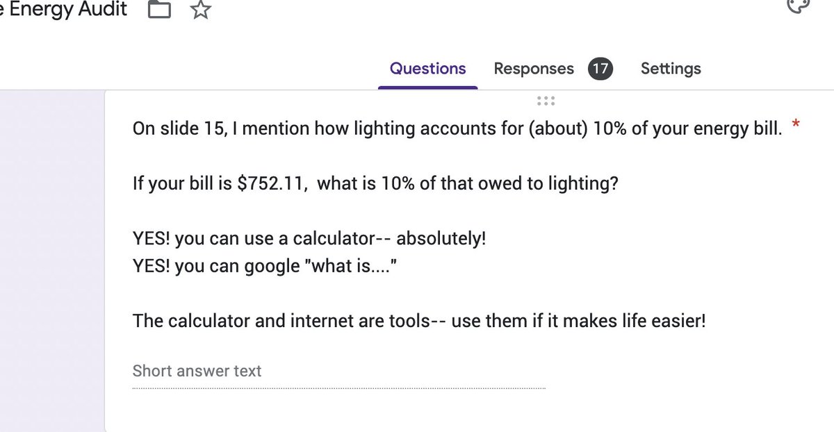 MissMaggieElle's tweet image. My Gr9s in #ExploringTech are currently studying Green Industries. For this assignment, they were given a slideshow to read + answer questions via Google Form. If I were that student (*ahem* even now as an adult) as soon as I saw a calculation revolving percentages, I'd freeze.
