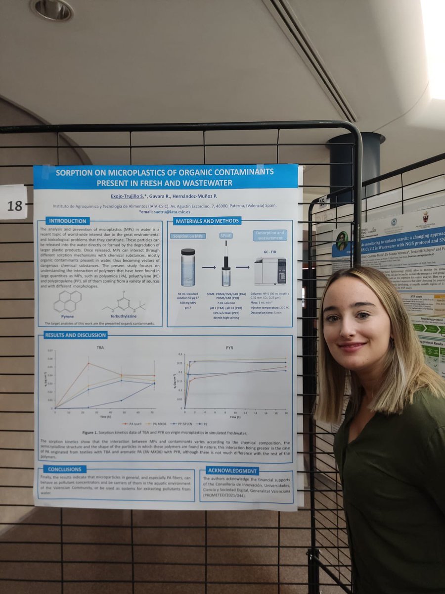 Esta semana he tenido el placer de exponer los primeros resultados de nuestra investigación sobre “La adsorción en Microplásticos de contaminantes orgánicos presentes en muestras de agua” en el 9th PhD Student Symposium <a href="/iata_csic/">IATA CSIC</a> 

#microplastic #phd #chemistry #CSIC #pollutant