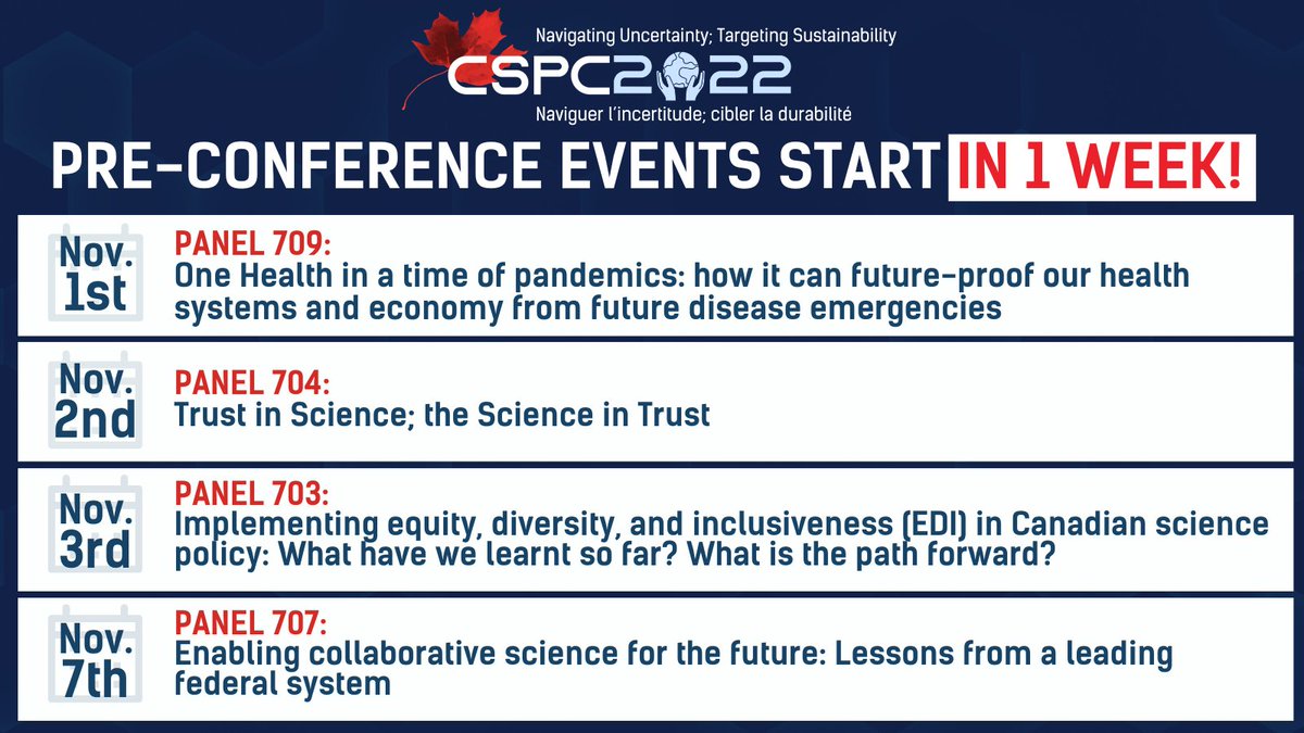 Our #CSPC2022 pre-conference panels are starting Tuesday November 1st! 📢 We are kicking off this year’s conference starting next week with virtual sessions! 🖥️ #SciencePolicy #InnovationPolicy Register: sciencepolicyconference.ca/registration/