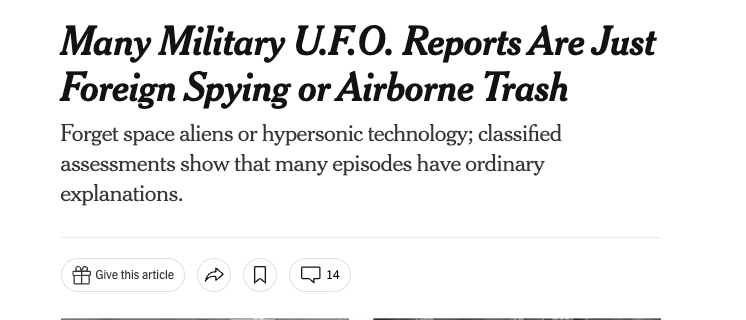 esaagar's tweet photo. Unreal: Pentagon report verifies that while "many" UFO sightings have conventional explanations others for which lots of data/video exist DO NOT

That's the headline, not this BS https://t.co/zkqAo0HSZq