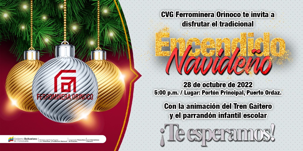 #28Oct Comparte junto a la gran final familia ferrominera el tradicional 'Encendido Navideño' de nuestra locomotora, en el Portón Principal, desde las 6:00 p.m. Disfruta del Tren Gaitero y la Parranda Escolar. @NicolasMaduro @CVG_Oficial