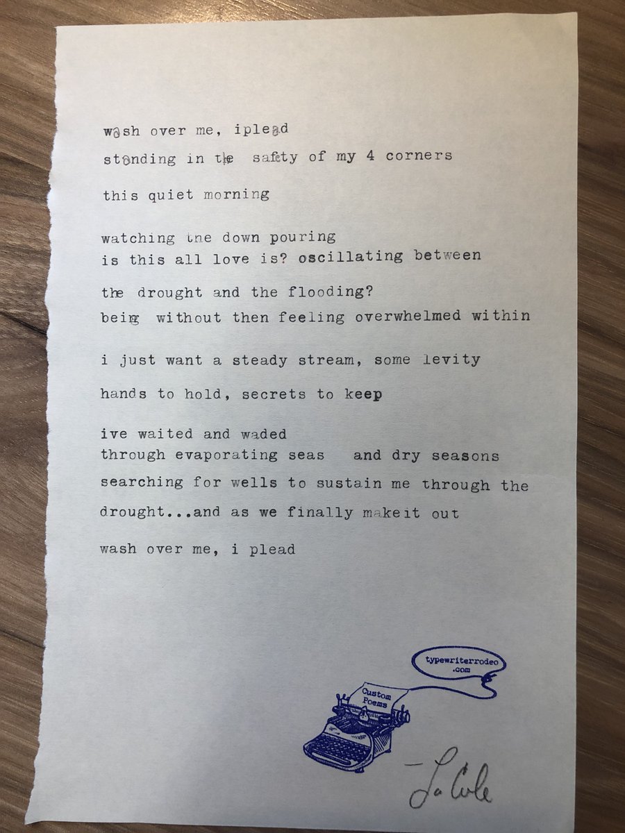 Laura Rice (@lauraricekut) on Twitter photo I had to see the text of LaCole's <a href="/TypewriterRodeo/">Typewriter Rodeo</a> poem today to fully appreciate its beauty.
"ive waited and waded" 💔😭
#Poetry every Friday on @texasstandard.
Or listen here: texasstandard.org/stories/typewr… I had to see the text of LaCole's <a href="/TypewriterRodeo/">Typewriter Rodeo</a> poem today to fully appreciate its beauty.
"ive waited and waded" 💔😭
#Poetry every Friday on @texasstandard.
Or listen here: texasstandard.org/stories/typewr…