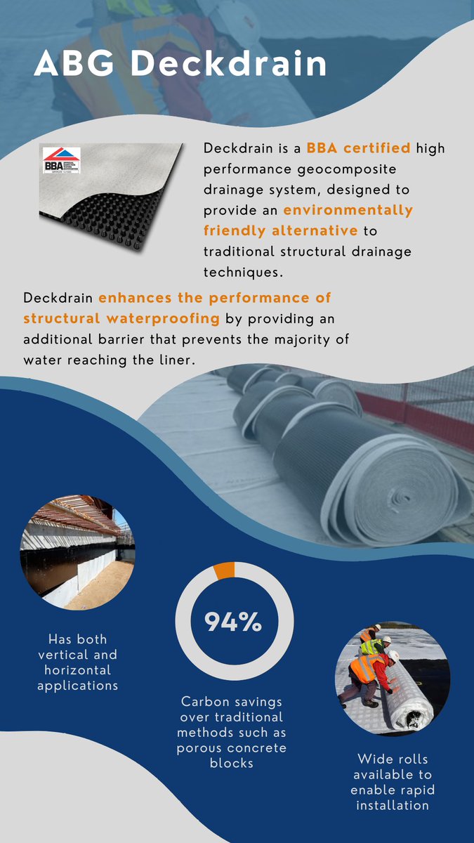 ABG's Deckdrain provides #drainage flow capacity in all directions unlike linear pipe systems. It is suitable for both vertical &amp; horizontal structural drainage applications including #bridge construction, #retainingwalls , #tunnels, #reservoir roofs and #greenroofs