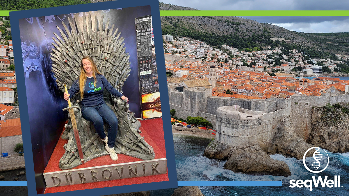 seqWell's tweet photo. Lindsay Golas, senior manager of technical operations for House #seqWell and Queen of the North (Shore), paraded her seqWell colors all the way to the #IronThrone in Dubrovnik, Croatia. You must admit, green &amp; blue look like they belong up there. 

#GameofThrones #HouseofDragons https://t.co/RbIUft7zx5