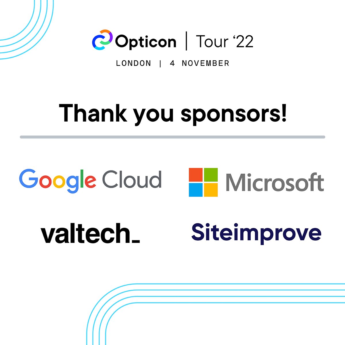 Optimizely's tweet photo. Thank you to our amazing Opticon London &amp; Stockholm sponsors who made these tour events possible! ✨

 ✨ @googlecloud  ✨ @Microsoft  ✨ @valtech  ✨ @Contentsquare  ✨@Siteimprove 

#OpticonTour #OpticonLondon #OpticonStockholm
https://t.co/UhLKmnxLyK https://t.co/1gfaoveNmj