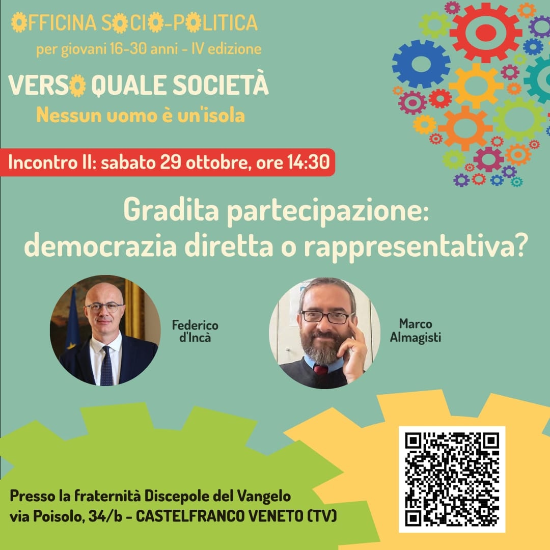 #Democrazia diretta o rappresentativa? È questa la domanda che tutti noi oggi ci poniamo. 

Ne parleremo all’Officina Socio-Politica insieme a Marco Almagisti e ai giovani affamati di futuro, sabato #29ottobre alle 14,30 a Castelfranco Veneto (TV).