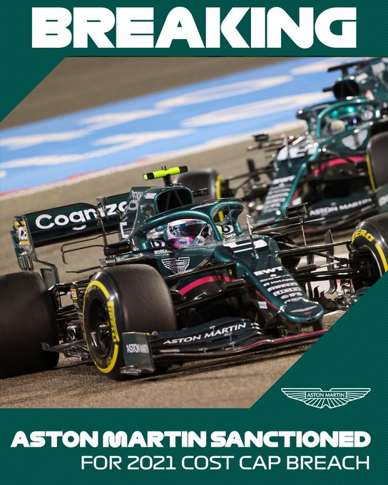 A green graphic which reads: "BREAKING: Aston Martin sanctioned for 2021 cost cap breach." A photo of the two cars of Lance Stroll and Sebastian Vettel can be seen in the graphic.