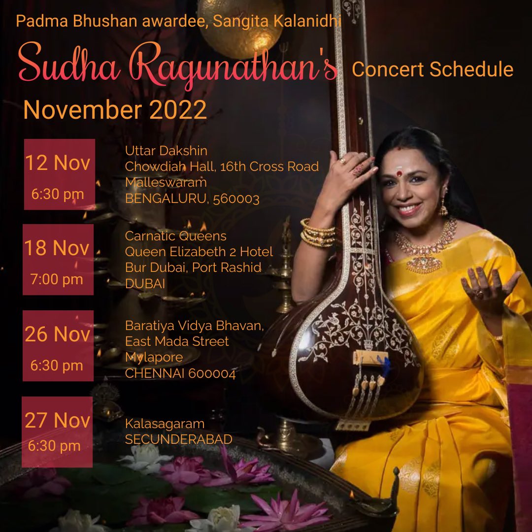 RagunathanSudha's tweet photo. Pre Marghazhi musical soirees! Looking forward to being with you all and heralding a beautiful Marghazhi 2022!
#sudharagunathanconcert #sudharaghunathan #sudharagunathan #November2022 #NovemberSchedule #ConcertSchedule #concertsinnovember #uttardakshin #vividarts #musicianship https://t.co/A6SqGZDbJ1