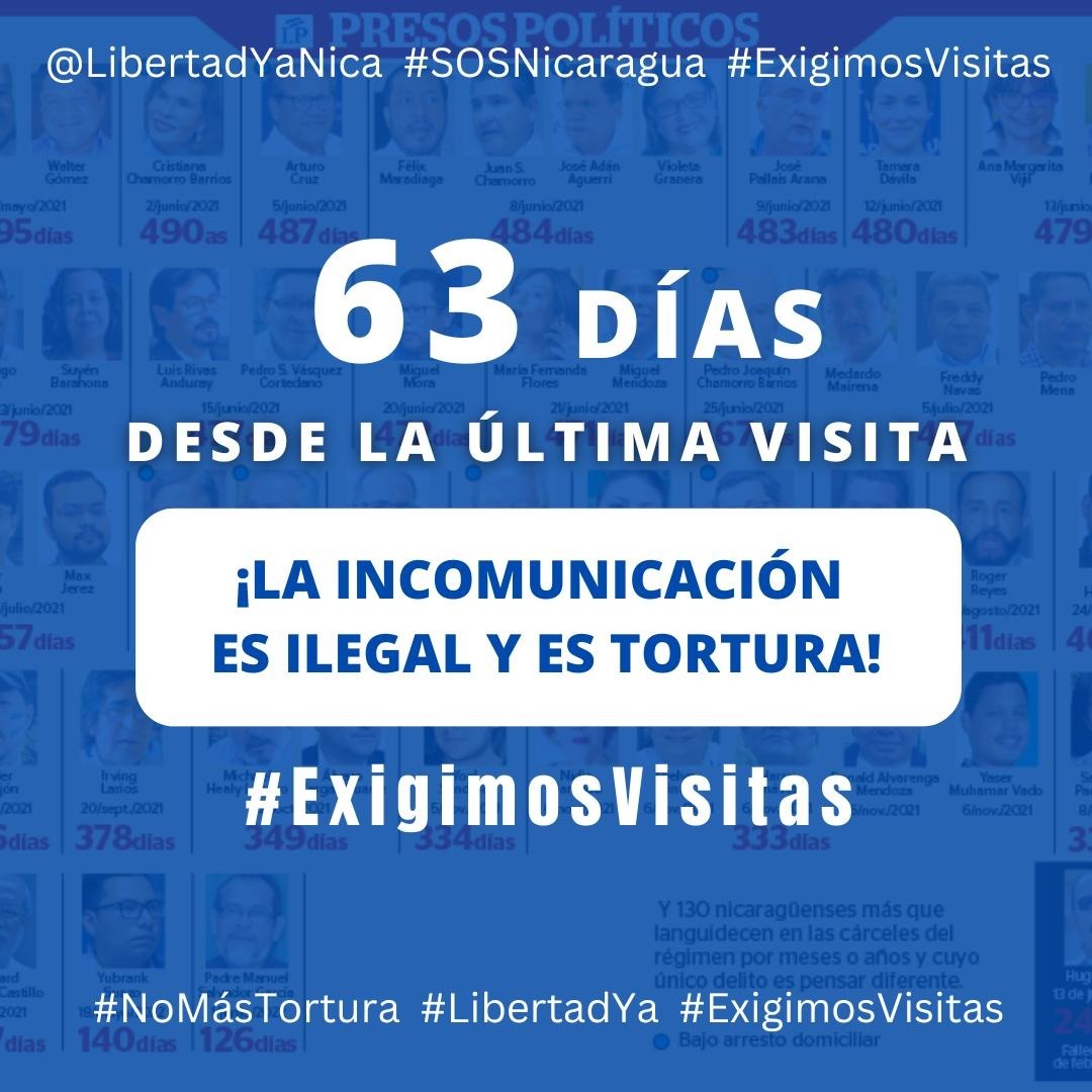 LibertadYaNica's tweet photo. 63 Días de incomunicación en #ElChipote en los cuales:
⚠️Al menos cuatro personas han iniciado #HuelgaDeHambre
⚠️Nicaragua ha sufrido el paso de un huracán
⚠️Hijas/os menores continúan extrañando a sus padres y madres
📣63 días de tortura para las personas presas y sus familias https://t.co/H7xqRM4SHv