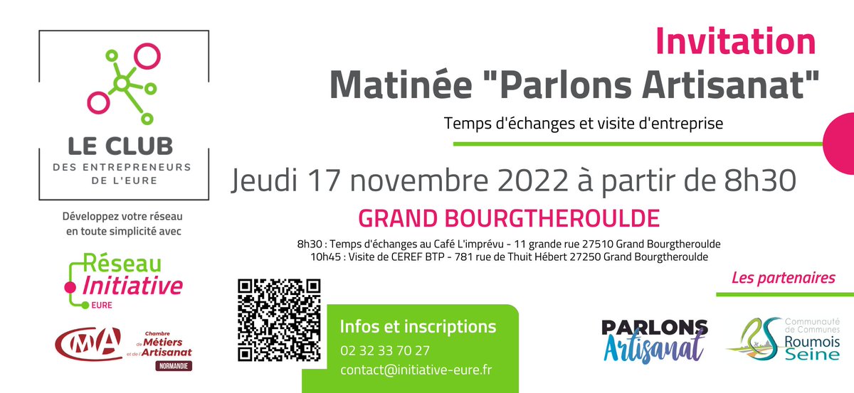 CLUB DES ENTREPRENEURS DE L'EURE "PARLONS ARTISANAT" <a href="/initeure/">Initiative Eure</a> le 17 novembre à partir de 8h30 à Gd Bourgtheroulde <a href="/RoumoisSeine/">Roumois Seine</a> 
✔️ Au programme : 08h30 : Temps d’échanges au Café l’imprévu (2h30) - 10h45 : Visite de CEREF BTP (1h30)👉 Pour participer : urlz.fr/iPTN
