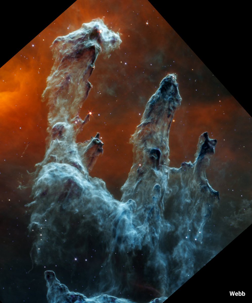 Near-infrared 🤝 Mid-infrared These Hubble and @NASAWebb views of the Pillars of Creation demonstrate how looking at the same cosmic object in different wavelengths of light can unveil different features: go.nasa.gov/3U4EmKh More ⬇️