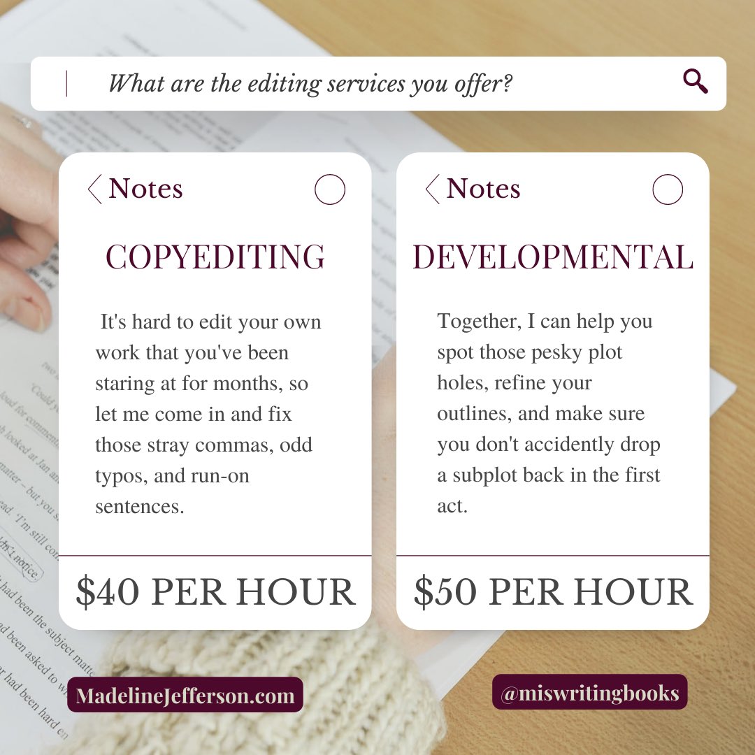 Everyone wants a clean and well developed manuscript. If you’re looking for someone to help you expand your first draft/outline or polish your final version, let’s chat! 
#WritingCommunity #writers #writing #editor #AuthorsOfTwitter