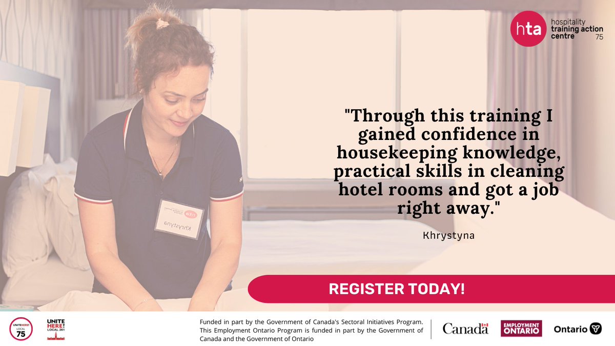 htac75's tweet image. As a newcomer from Ukraine, Khyrstyna needed a job. She got no response from employers until she took HTA 75&apos;s FREE 2-Week Housekeeping Training. With the help of our passionate instructors &amp;amp; coaches, she gained needed skills and got a good job! 
hta75.com/training/house…