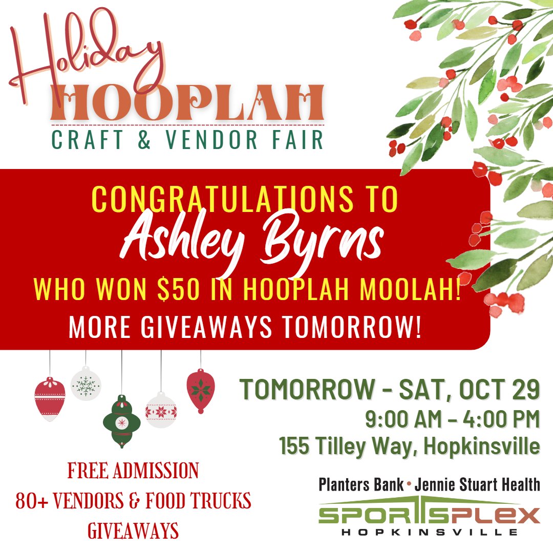 💵 CONGRATULATIONS TO *Ashley Byrns* who just won $50 in Hooplah Moolah to spend at tomorrow's event! 🛍️ Several more drawings tomorrow for #hooplahmoolah and giveaways from our #PreferredVendors - at least 4 drawings every hour! 🤩

#HolidayHooplah #craftshow #vendorfair