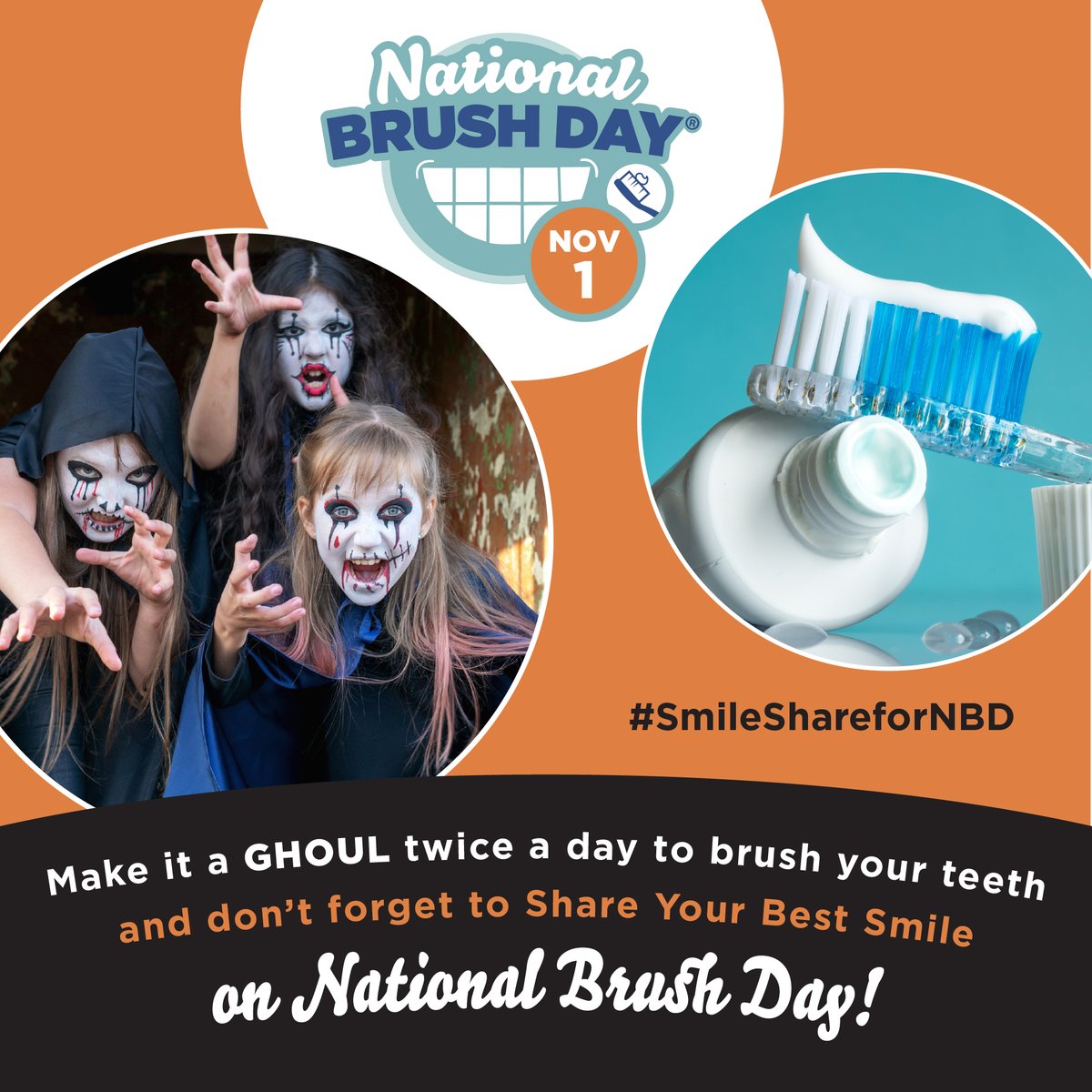 brush2min2x's tweet photo. It is almost #Halloween! Make it a GHOUL π» every day to clean those pearly whites π by brushing for two minutes, twice a day. Don't forget to share your beautiful smile and encourage others to #SmileShareforNBD on Nov. 1st for #NationalBrushDay! https://t.co/xmVd7sKY3J #2min2x https://t.co/WmMkBHMXyq