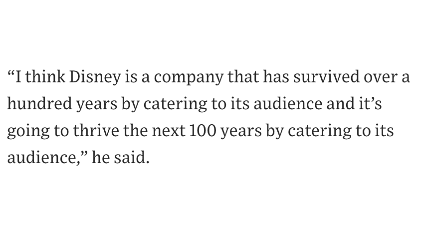 RubenBolling's tweet photo. I think this is exactly where Chapek gets it wrong. Disney didn't succeed by "catering" to its audience. It succeeded by delighting its audience with what it didn't even know could exist. A full-length lavishly animated movie in 1937. An elaborately immersive theme park in 1955. https://t.co/wLt5cL2y8K