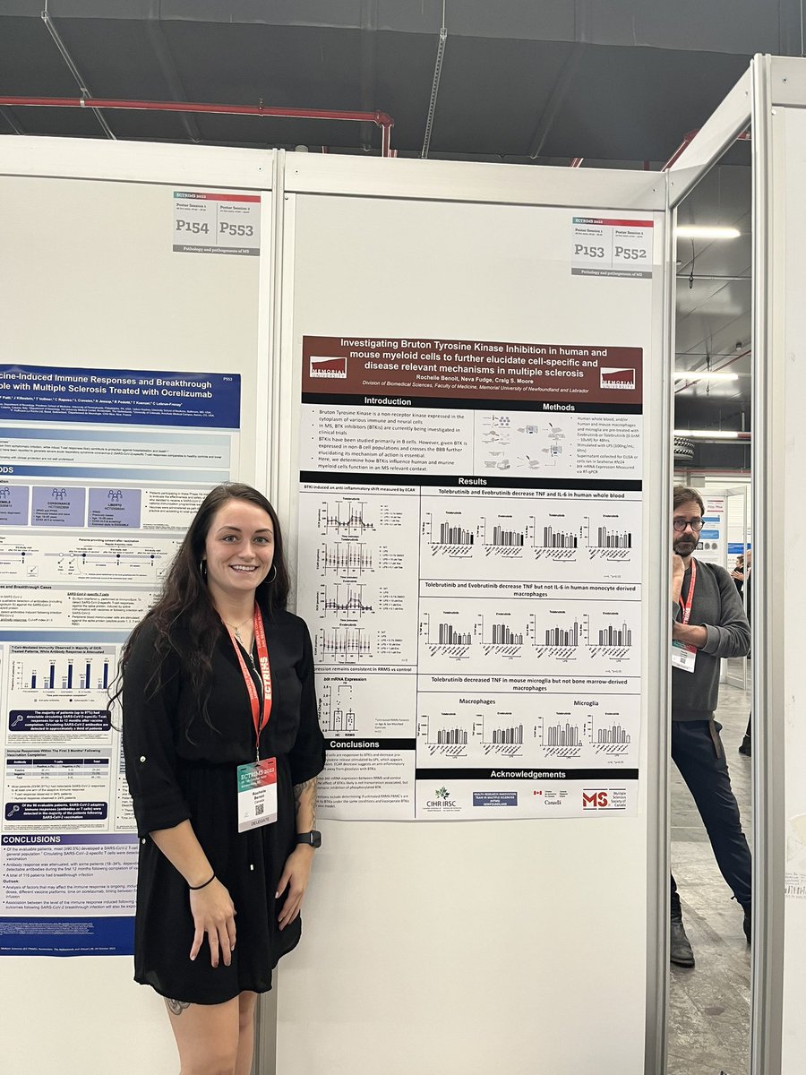 I got to discuss my research on Bruton Tyrosine Kinase Inhibiton in human and mouse myeloid cells <a href="/ECTRIMS/">ECTRIMS</a> this week! It was so refreshing to get others opinions and expertise! Looking forward to utilizing it in this project moving forward <a href="/MemorialU/">Memorial University</a> ! #endMS #BTKInhibitors