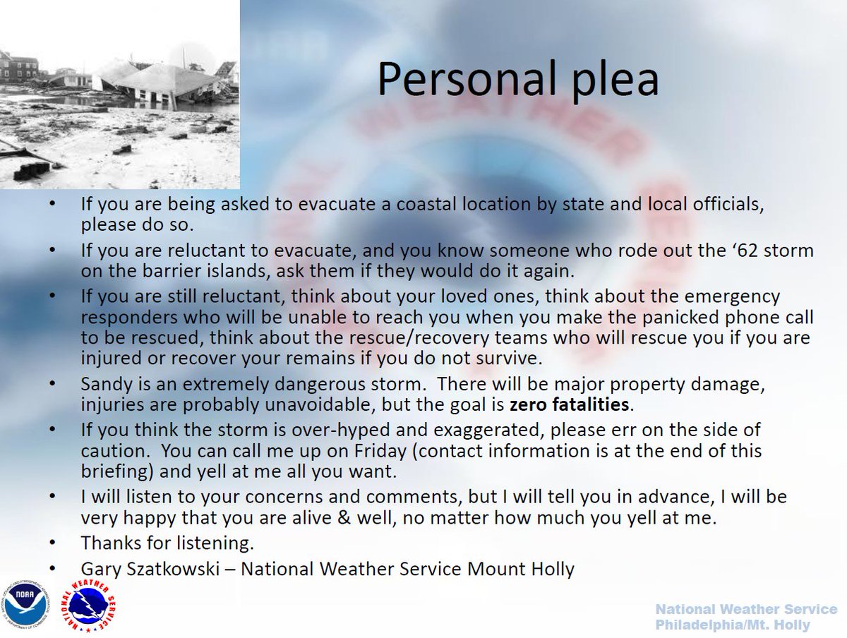 So, around this time ten years ago, with #Sandy landfall about 30 hours away, another briefing package was being prepared at NWS Mt. Holly. The staff reviews the draft package, but they didn't see this slide, which I pasted in right before hitting 'send.'