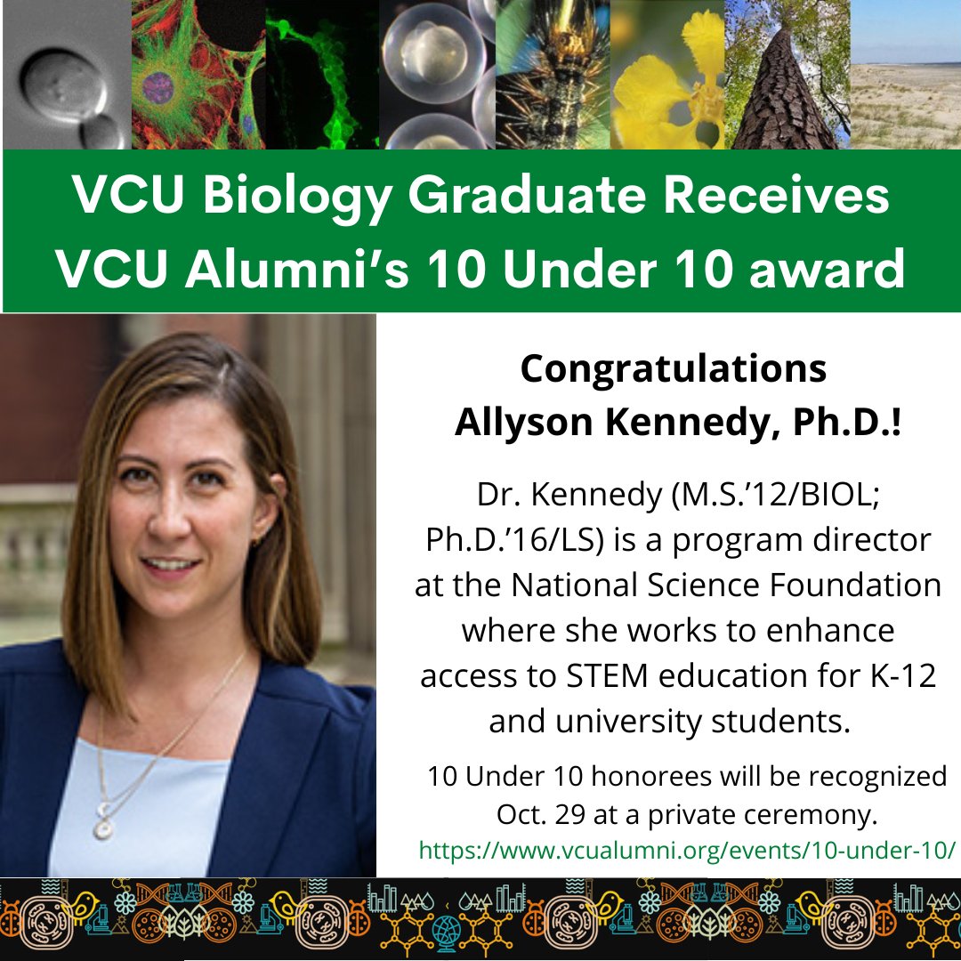 VCU_Biology's tweet photo. Congratulations to VCU Biology Alumnus Allyson Kennedy, Ph.D. for becoming the Program Director at the National Science Foundation. She will be focusing on enhancing access to STEM education for K-12 students and university students. https://t.co/CtkRkwh18h