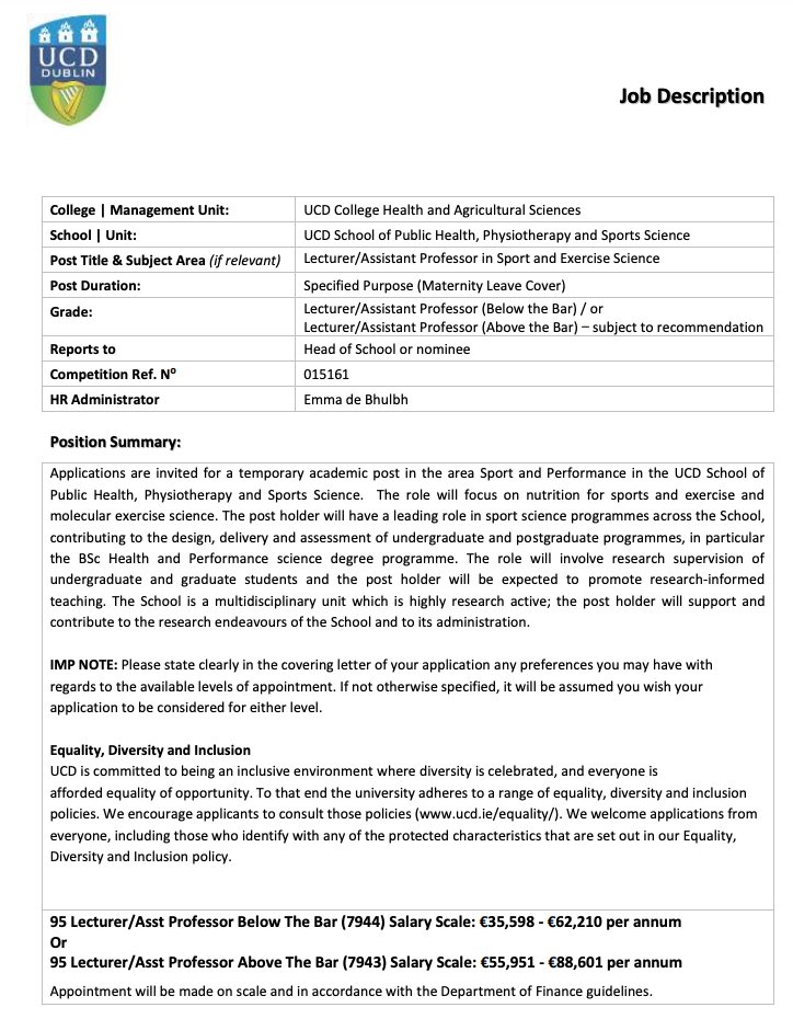 Lecturer Position in Sport and Exercise Science (Exercise Physiology and Sports Nutrition) currently advertised @ucd_sphpss. Closing 2nd November. See ucd.ie/workatucd/jobs/ (Academic; Public Hlth, Phys & Sport Sci)