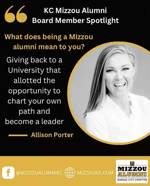 MizzouAlumniKC's tweet photo. This week's KC Mizzou Alumni Board Member Spotlight goes out to Allison Porter! Allison has been serving the board for almost 4 years — Thanks for all that you do for our chapter! MIZ! 🐯 https://t.co/rJ5oQJyix1