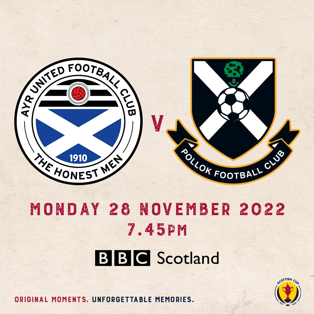 ScottishCup's tweet photo. The televised match for the Third Round of the Men's Scottish Cup will see @pollokfc travel to Somerset Park to take on @AyrUnitedFC.

🆚 @AyrUnitedFC v @pollokfc
🗓 Monday, 28 November – 7.45pm
📺 @BBCScotland 

#ScottishCup https://t.co/aPjD2rdZvF