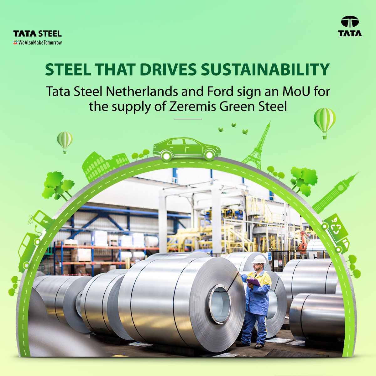Tata Steel Netherlands has signed an agreement with <a href="/Ford/">Ford Motor Company</a> to supply the car manufacturer with the green steel that <a href="/TataSteelNL/">Tata Steel Nederland</a> plans to produce via the cleaner and more sustainable hydrogen-based steelmaking route.

#TataSteel #WeAlsoMakeTomorrow
#GreenSteel